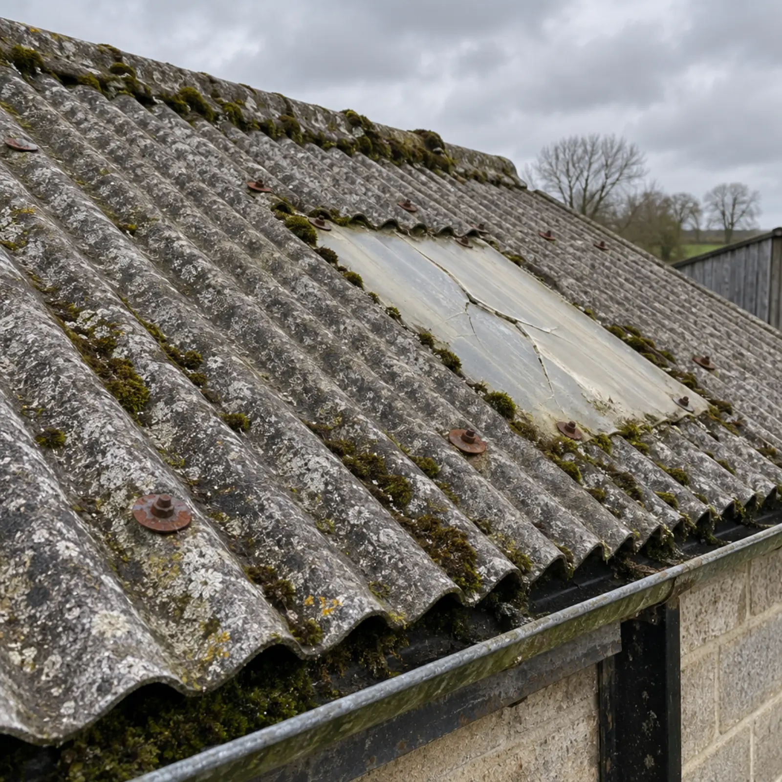 Weathered corrugated fibre cement roof sheeting on an older farm building, moss along the laps and a cracked rooflight