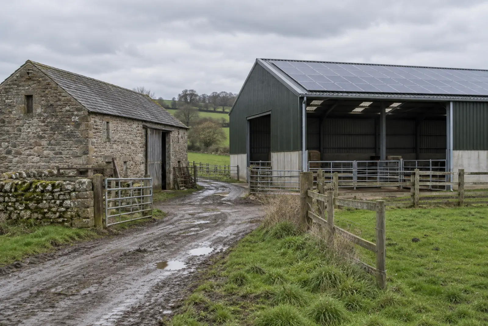 A traditional stone barn beside a modern farm building whose roof carries a solar array