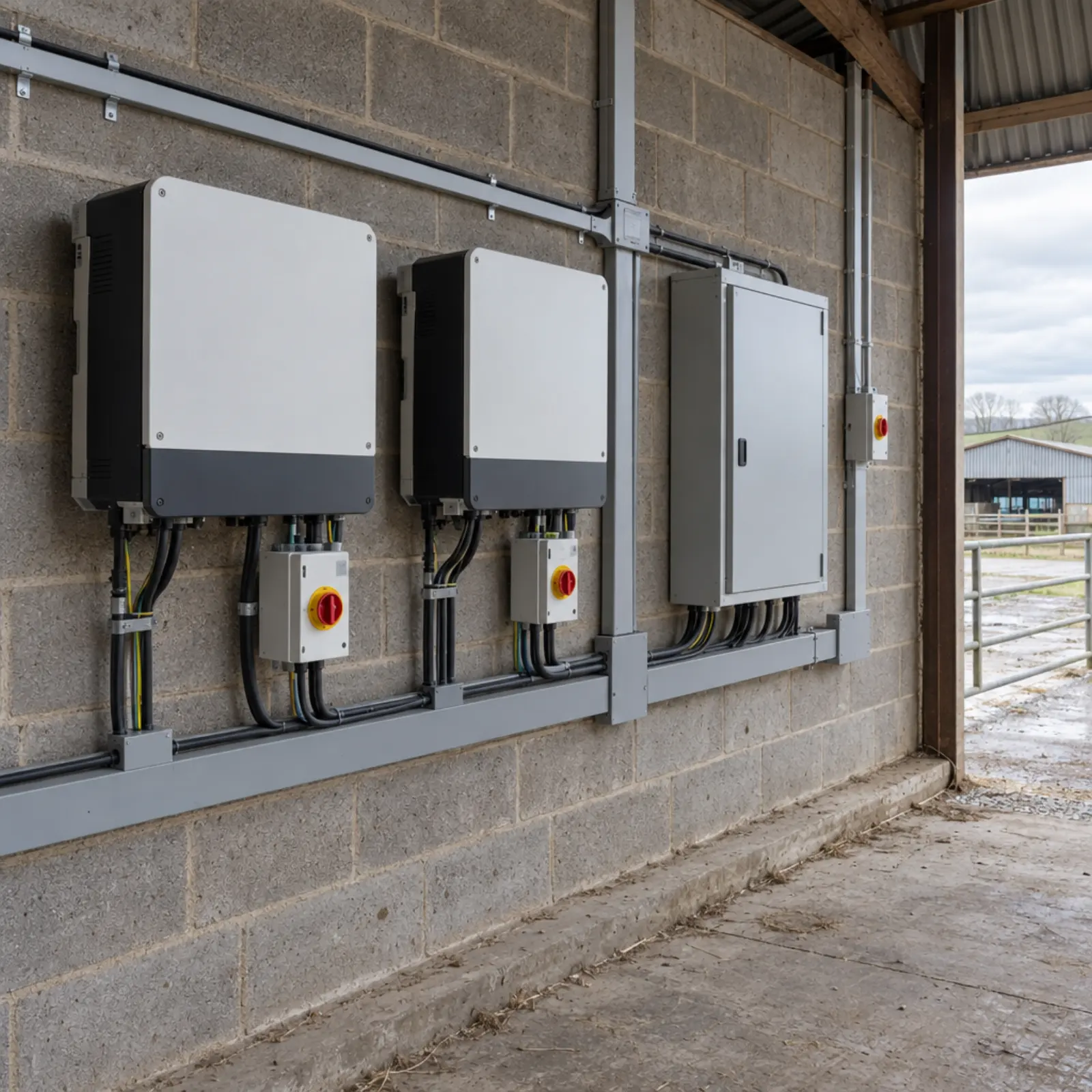 Solar inverters and isolators mounted on a blockwork wall beside a three phase distribution board in a farm building