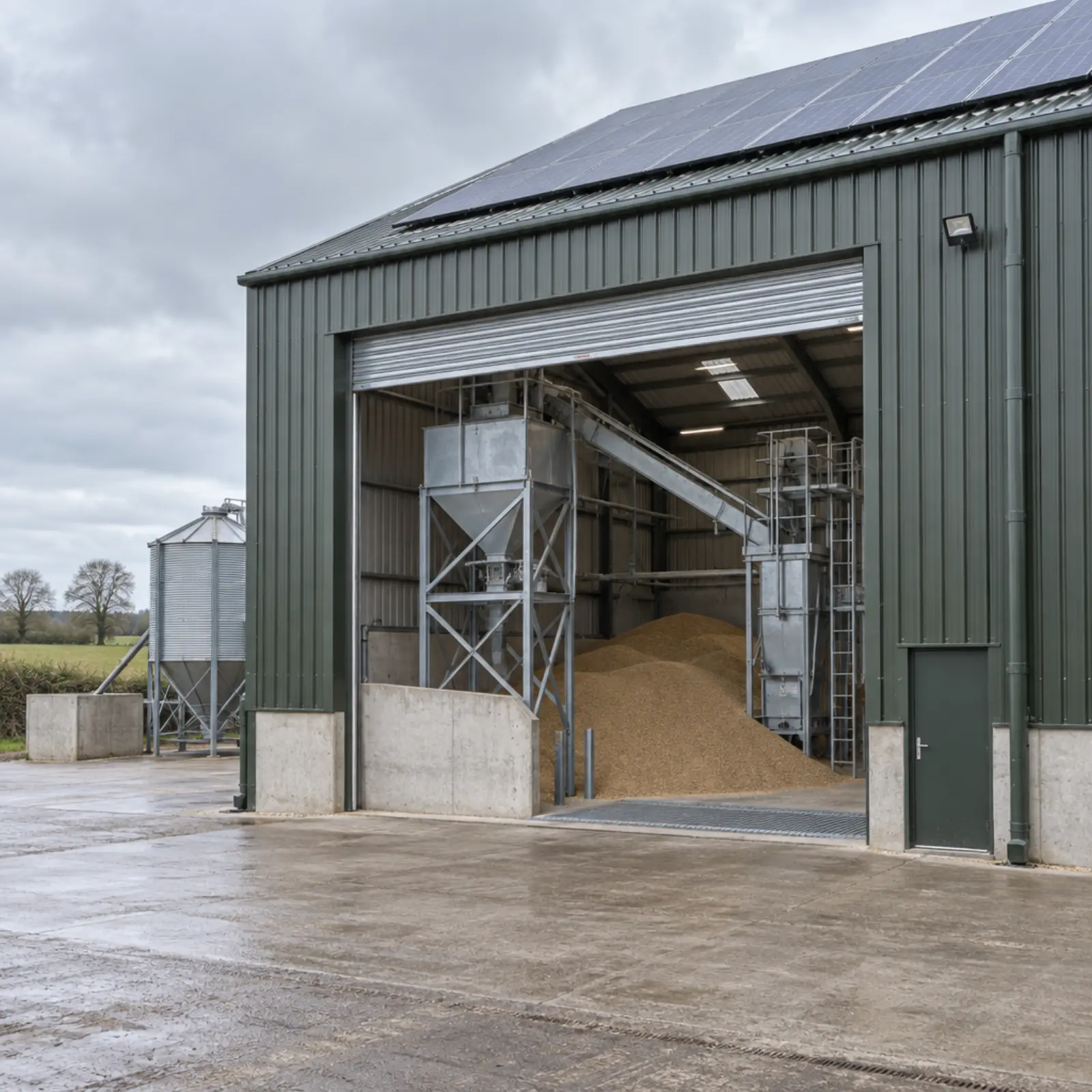 A grain store with its roller door open and solar panels along the roof edge above