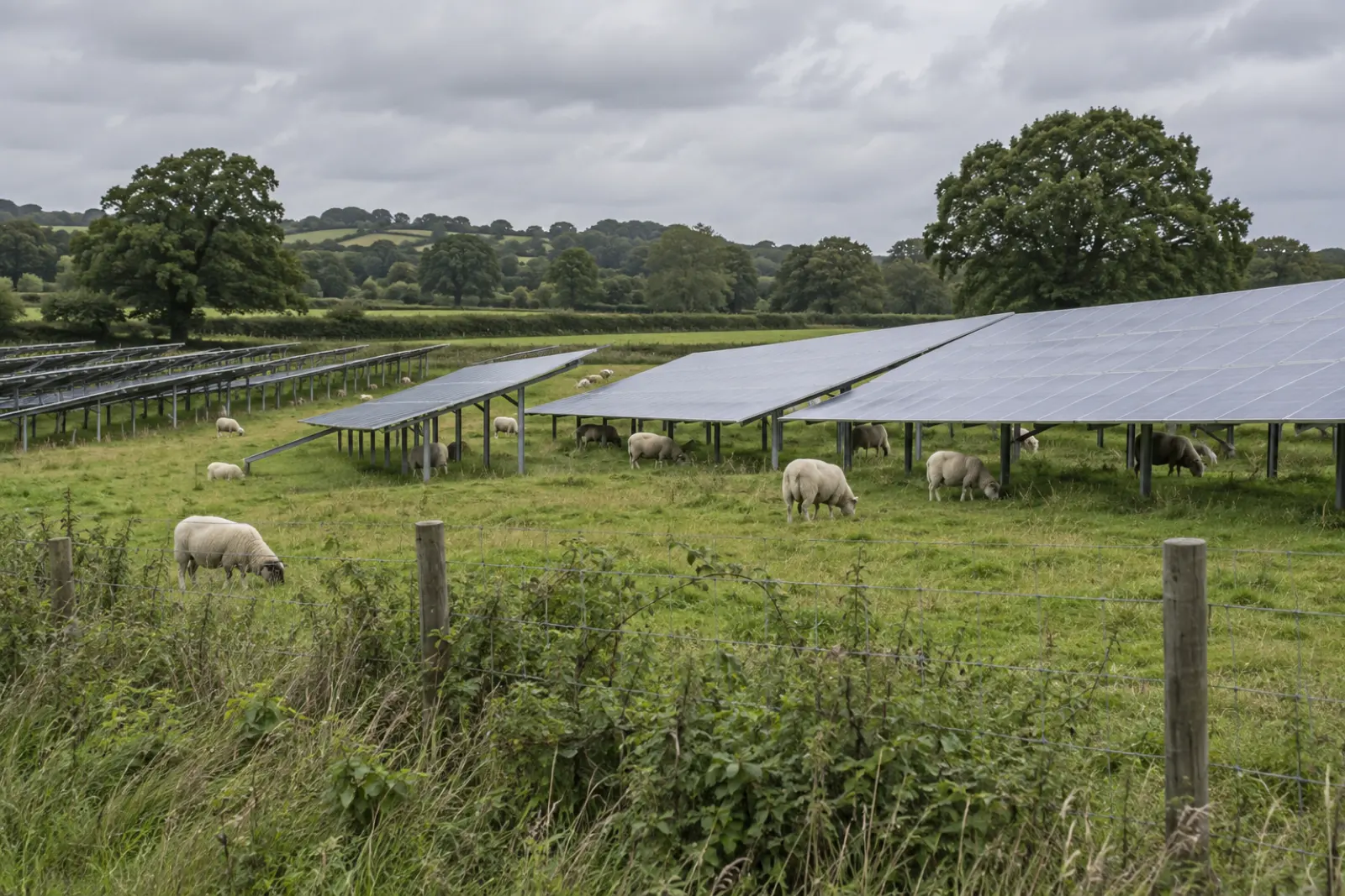 Rows of ground mounted solar panels on a sloping field, with sheep grazing between and beneath the rows