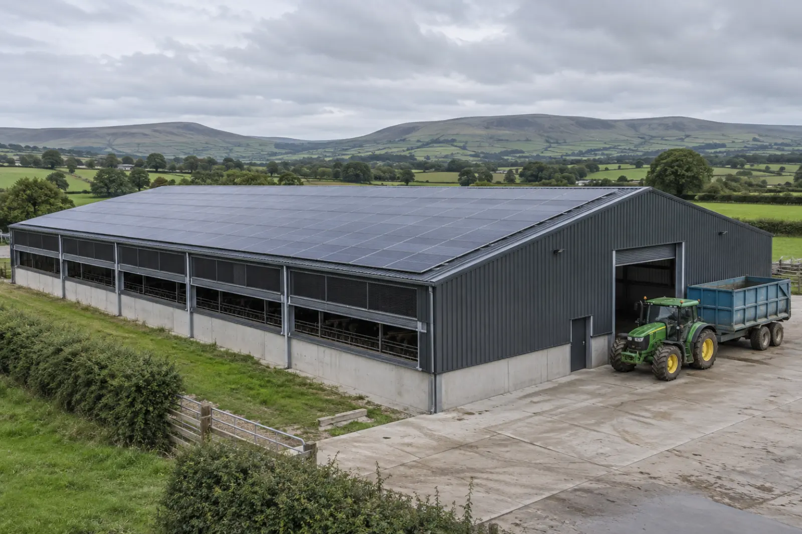 A modern steel framed agricultural building with its roof covered in solar panels, tractor and trailer in the yard, fields beyond