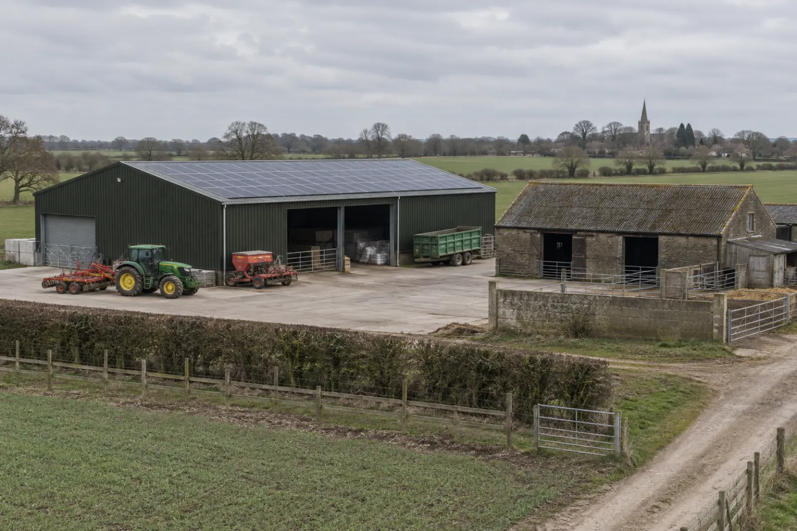 Midlands arable farmland with solar on farm building roofs