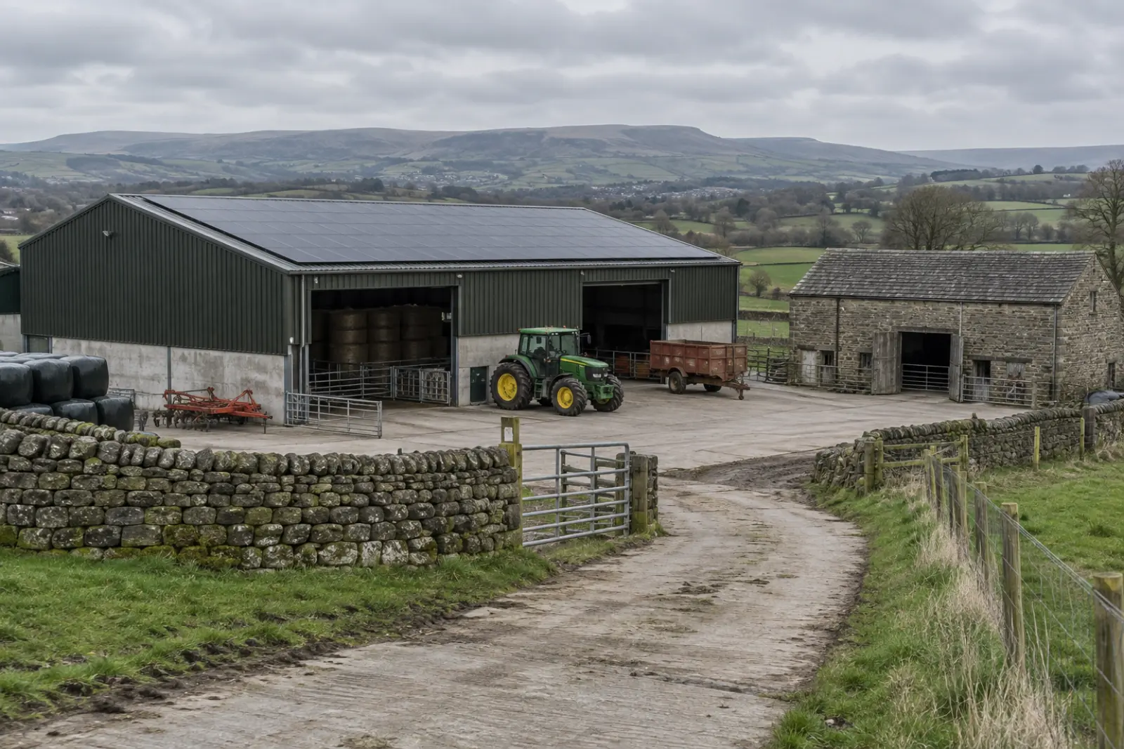 North East farmland with solar arrays on farm buildings