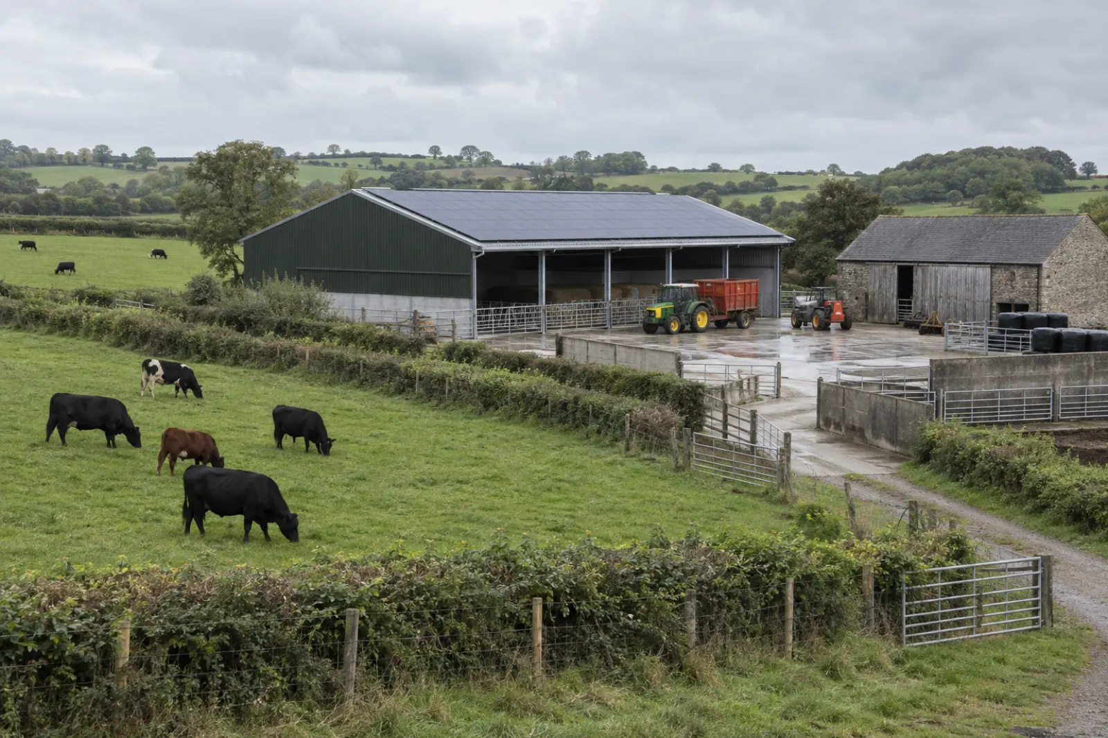 South West pasture and farm buildings carrying rooftop solar