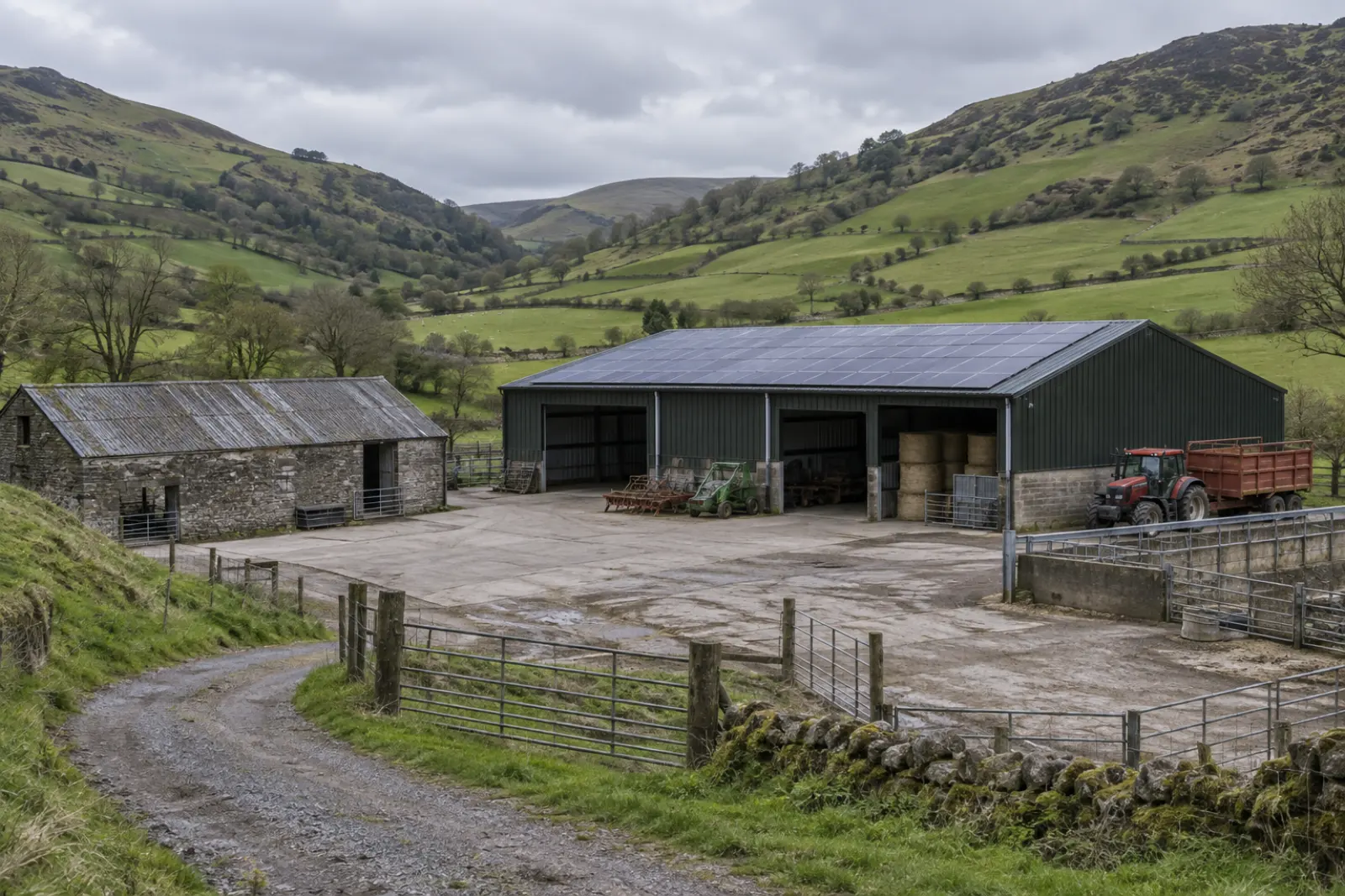 Welsh valley farmland with solar on farm building roofs