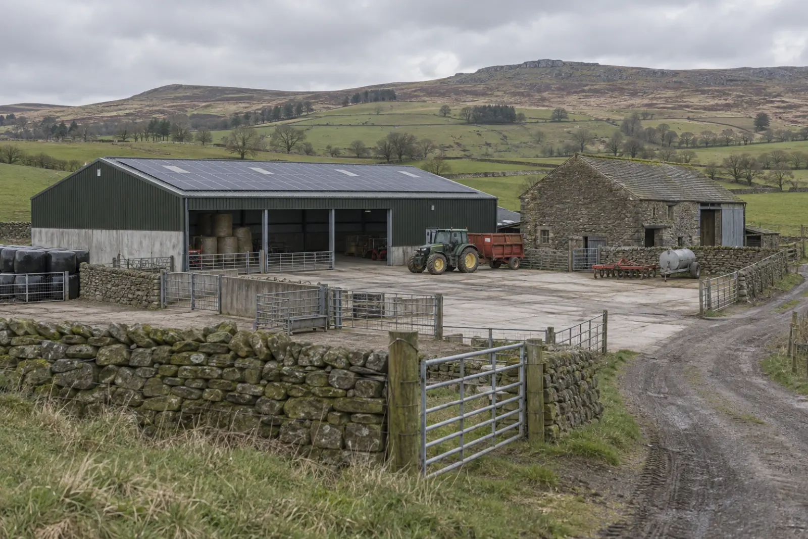 Yorkshire farmland below moorland with rooftop solar on farm buildings